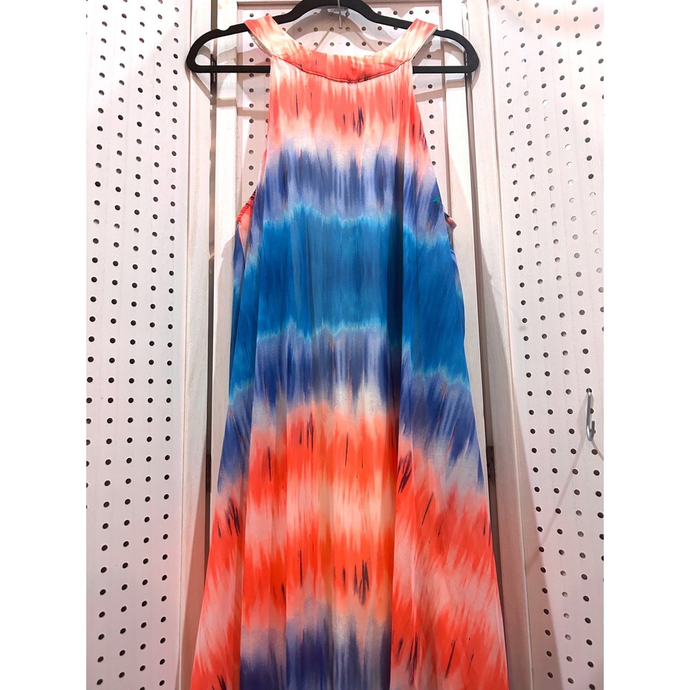 Sleeveless Coral & Blue Tie-Dye Maxi Dress